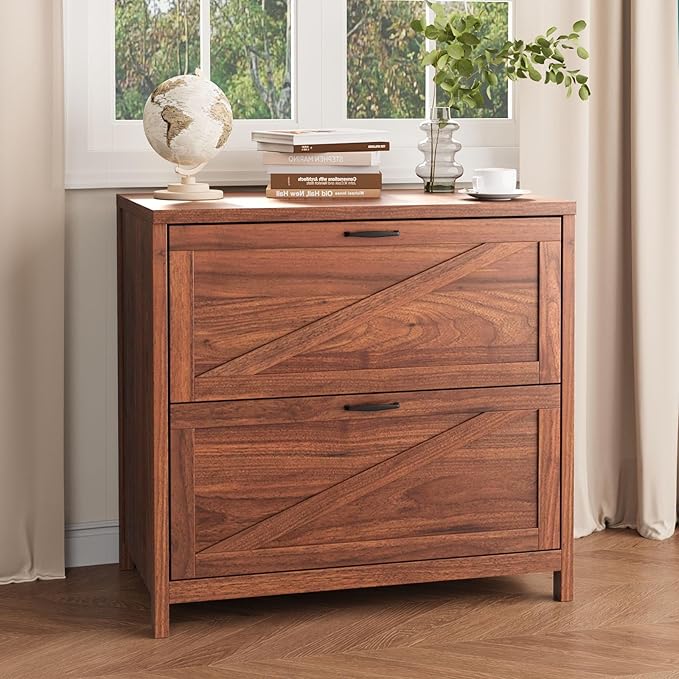 VOWNER 2 Drawer Farmhouse File Cabinet, Filing Cabinet with Printer Stand, Fit A4, Letter Size, Hanging File Folders for Home Office, Walnut