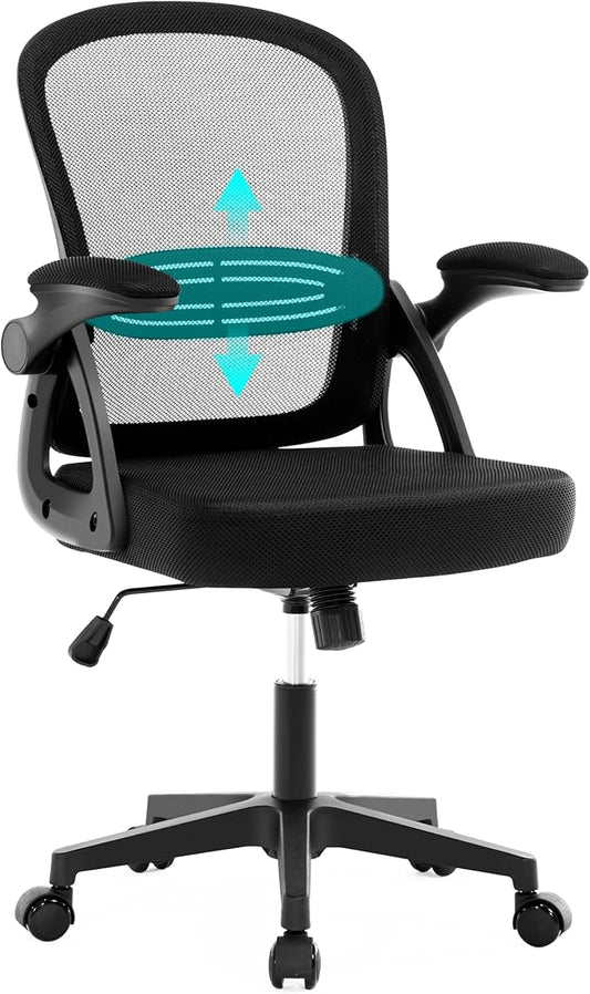 Fizzin Ergonomic Office Desk Chair, Mesh Computer Chair with Adjustable Comfy Flip-up Armrests and Adjustable Lumbar Support, Executive Chairs for Home, Bedroom, Study, Student (Black)