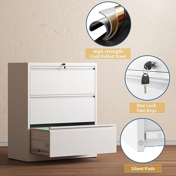 3 Drawer File Cabinet with Lock, Lateral Filing Cabinets,Metal Storage Filing Cabinets for Home Office, Heavy Duty File Cabinet for Letter/Legal/A4/F4 Size Amssebly Required, White