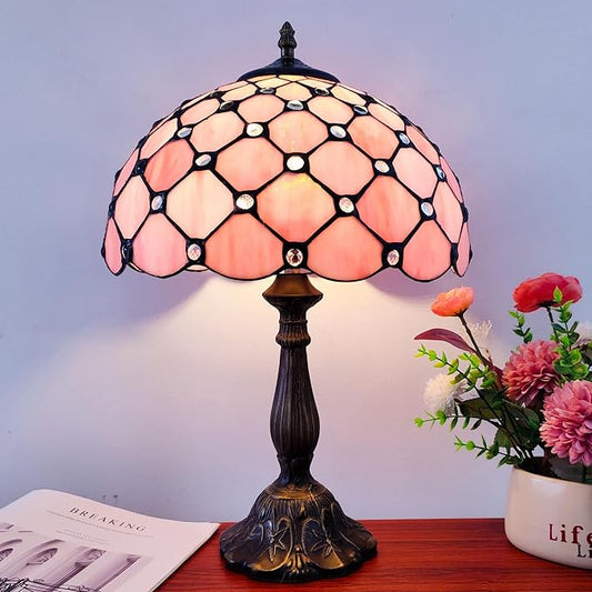 Tiffany Lamp Stained Glass Table Lamp Antique Bedside Desk Reading Light 3-Way Color LED Living Room Nightstand Light 12X12X19 Inches Home Office Desk Light Pink Pearls Style