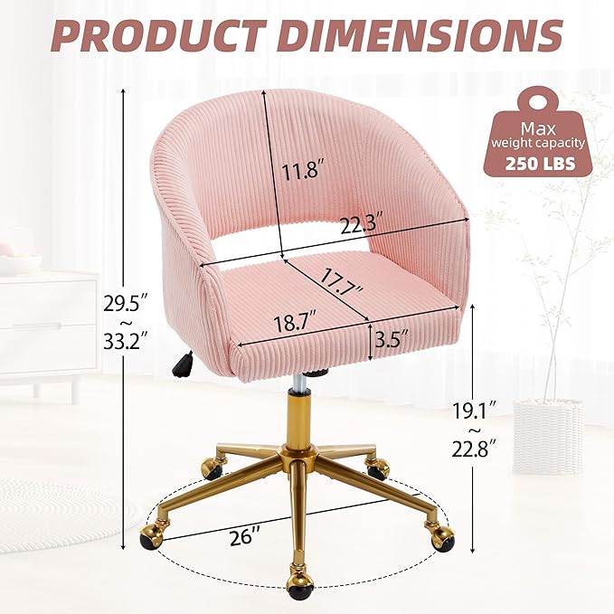 ABET Desk Chair with Wheels, Corduroy Home Office Chair, Swivel Armchair Gold Base, Upholstered Modern Accent Chairs, Back Incline Adjustable for Living Room Bedroom Vanity, Pink