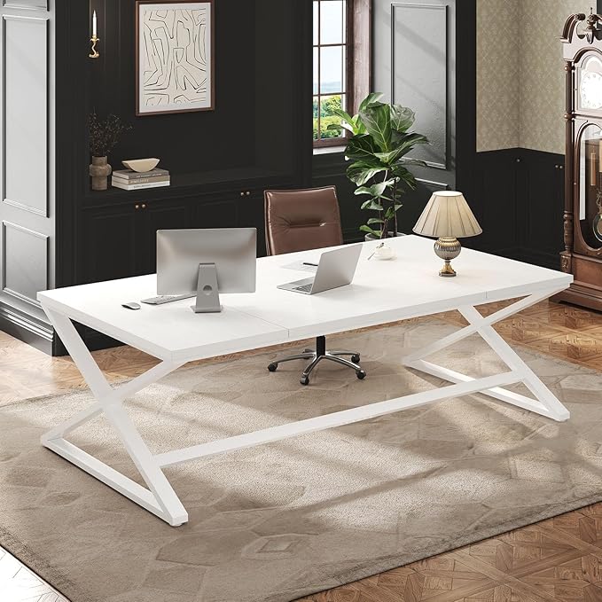 IBF Long White Computer Desk, Modern Simple Large Home Office Desk, Wood Metal Work Study Writing Table for 2 Monitors, Double Pc Gaming Executive Workstation in Bedroom Living Room, White Oak,70 in