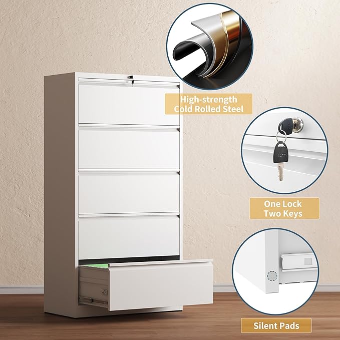 5 Drawer File Cabinet with Lock, Lateral Filing Cabinets,Metal Storage Filing Cabinets for Home Office, Heavy Duty File Cabinet for Letter/Legal/A4/F4 Size Amssebly Required, White
