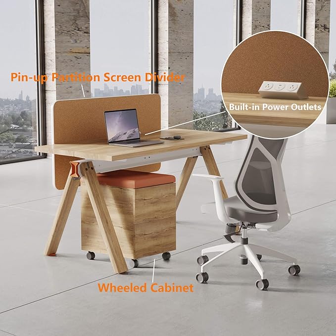 SAINTCY 6 Person Office Workstation Desk with Wheeled Cabinet, Partition Dividers & Built-in Power Outlets, Modular Offices Workstation for Collaborative Workspaces, Office Staff Desks with Storage