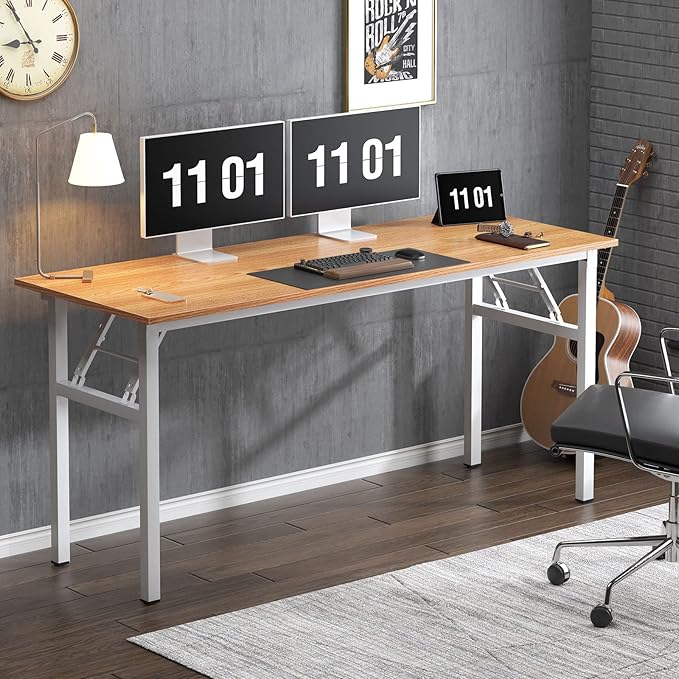 sogesfurniture Computer Desk 62 inches Office Desk Computer Table Study Writing Desk Workstation for Home Office Metal Frame Folding Table, Teak White