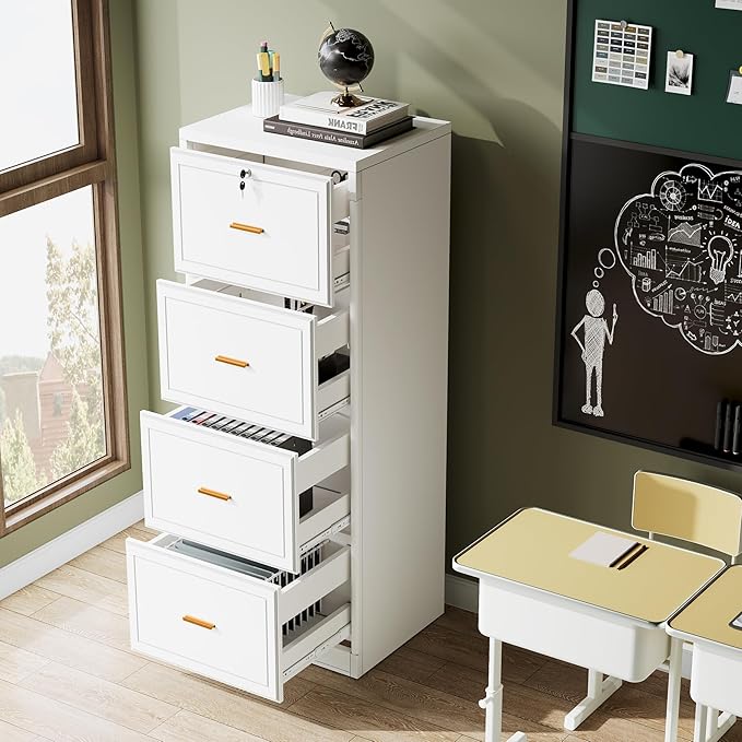 Tribesigns 4 Drawer File Cabinet with Lock, Locked File Cabinet with Key, Tall Wooden Filing Cabinets for Home Office, Vertical Office Storage for Legal Size/Letter/A4/Files, White