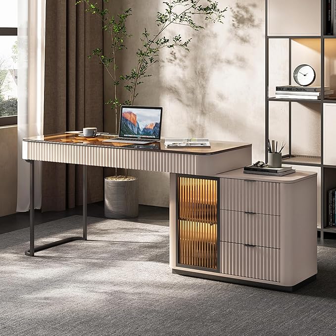 Lartis Office Desk, Very Easy to Assemble, Computer Desk, Home Telescopic Writing Desk, Modern Computer Desk with Retractable Cabinet Built-in LED Lights (Pale Pink, 47 in)