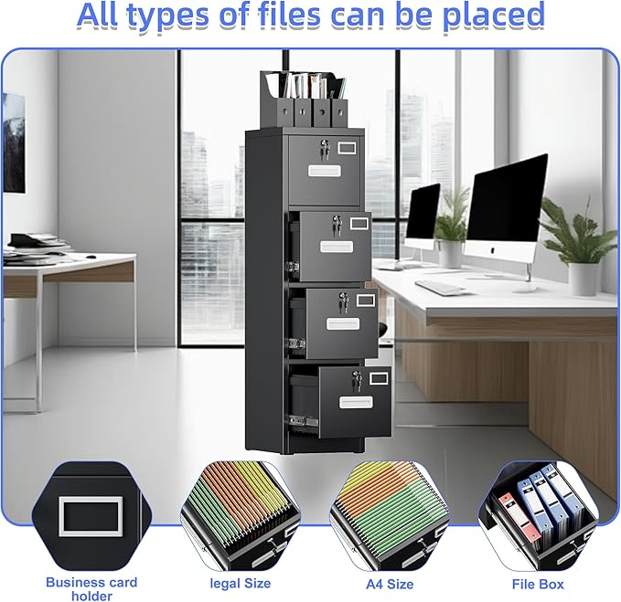 SUXXAN 4 Drawer File Cabinet, Metal Vertical Black Filing Cabinets with Locks Name Card Holder for Home Office, Assembly Required