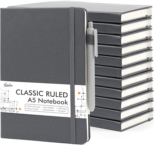 12 Pack Notebooks Journals Bulk with 12 Black Pens, Feela A5 Hardcover Notebook Classic Ruled Journal Set with Pen Holder for School Business Work Travel Writing, 120 GSM, 5.1”x8.3”, Gray
