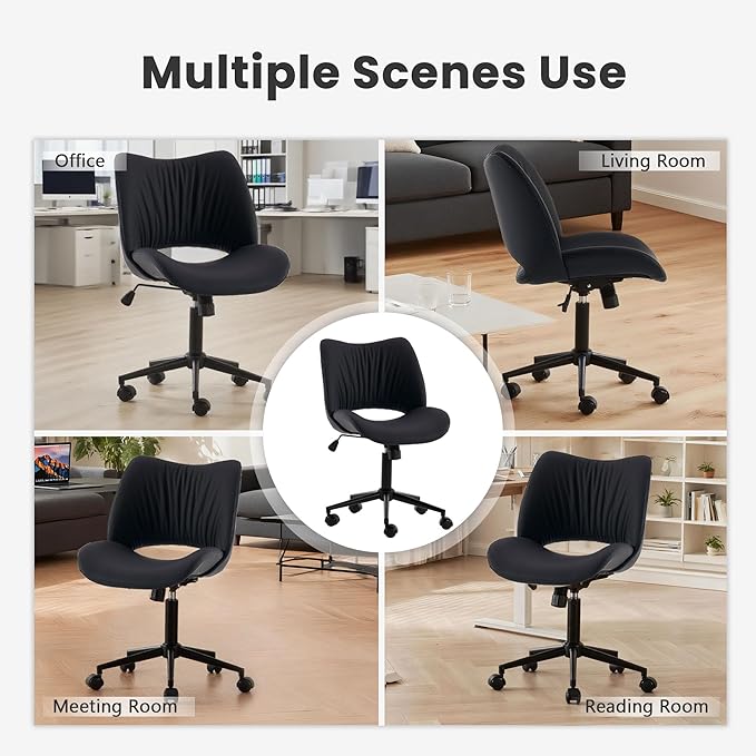 Rowill Armless Office Desk Chair, Ergonomic PU Leather Modern Task Chair with Back Adjustable Height, 360° Swivel Vanity Chairs with Wheels for Small Space, Home Office, Bedroom, Black