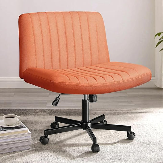 PUKAMI Criss Cross Chair with Wheels,Fabric Padded Armless Cross Legged Office Desk Chair for Home Office,Modern Swivel Height Adjustable Wide Seat,Brown