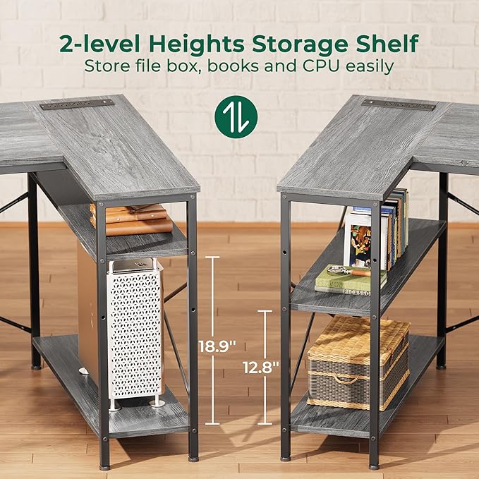 Huuger L Shaped Office Desk with Power Outlets, 47 Inch Computer Desk with 3 Drawers, Shelves, for Gaming, Corner Work, Home Office, Study, Grey
