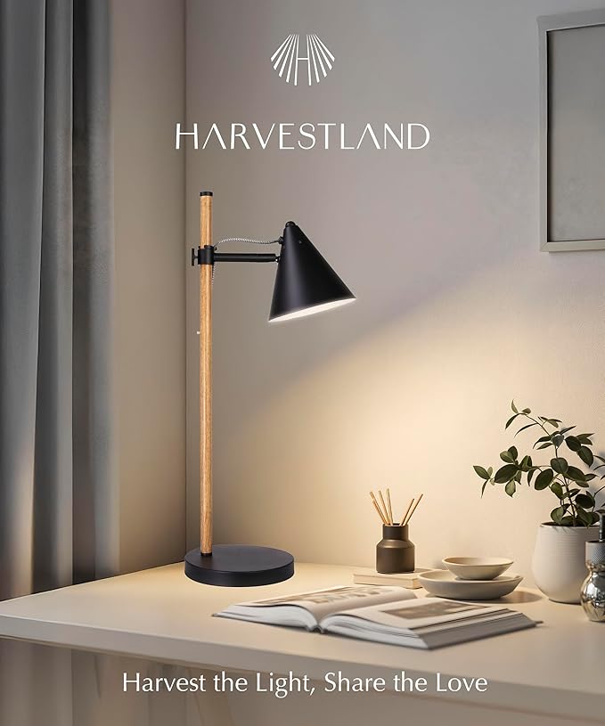 HarvestLand Noah Black Desk Lamp – Adjustable Table Lamp, Industrial Table Lamp with Solid Base for Living Room, Bedside Table, Home Office and Bedside Reading, Black Desk Lamp, Architect lamp