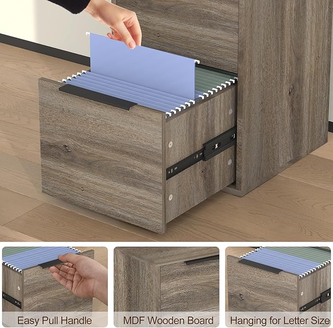 LUCYPAL 2 Drawer File Cabinet,Vertical File Cabinets for Home Office,Wood File Cabinets with Hanging Bar for Letter Size,Oak