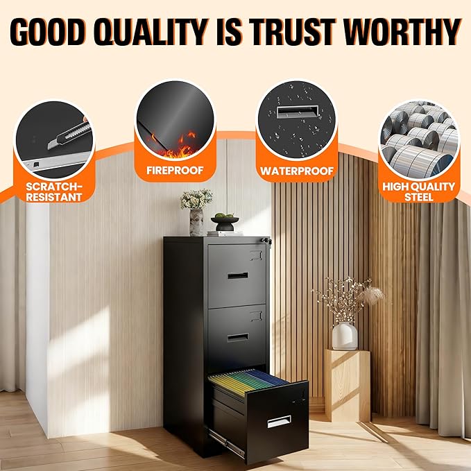 3-Drawer Locking Vertical File Cabinet, Metal Storage Cabinet for Office/Home – Secure Vertical Filing for Letter/Legal/A4/F4 Documents, Easy to Assemble Steel Cabinet, Black