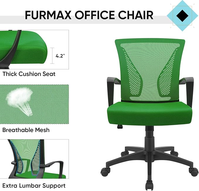 Furmax Office Chair Ergonomic Computer Desk Mesh Chair Mid Back Swivel Lumbar Support with Armrest (1, Green)