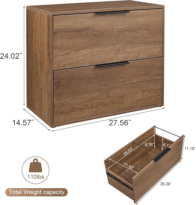 LUCYPAL 2 Drawer Lateral File Cabinet,Lateral Filing Cabinets for Home Office,Wood Filing Cabinet for Letter Size Files,Brown 27.56" W x 14.57" D x 24.02" H