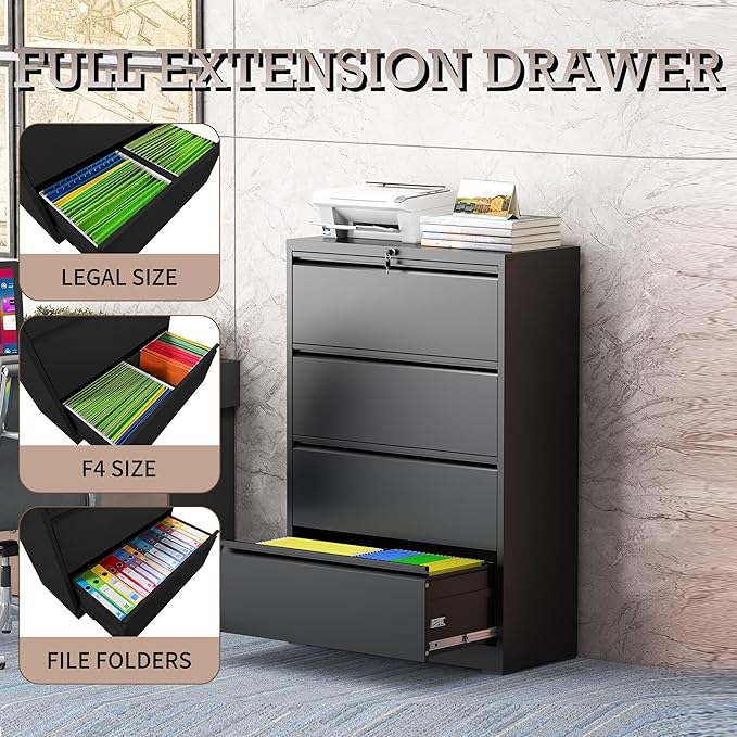 4 Drawer Lateral File Cabinet with Lock, Metal File Cabinet, Lateral File Cabinets for Home Office, Heavy Duty File Storage Cabinet for Legal/Letter/A4 Document, Assembly Required, Black