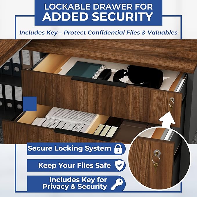 OfficeSimpli Modern L Shaped Executive Desk, 84x72x30 Inch - Made in USA – Ships Mostly Assembled – Home Office Workstation & Business Furniture, CEO Desk Table with Cabinets & Lockable Drawers