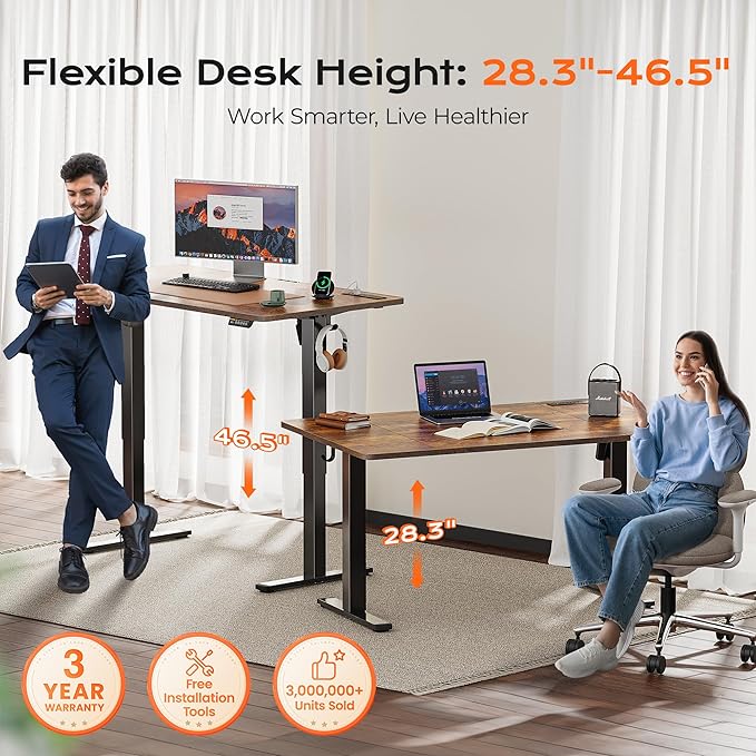 Huuger 55 x 28 Large Electric Standing Desk with 4 AC Outlets, Type-C Port, Height Adjustable Computer Desk, 27.6" Deep Desktop, Stand up Gaming Office Desk, 3 Preset Heights, Rustic Brown