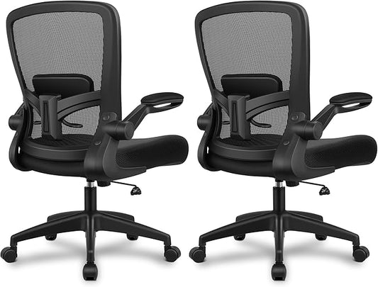 FelixKing Office Chair, Ergonomic Desk Chair Breathable Mesh Chairs Adjustable High Back Lumbar Support Flip-up Armrests, Executive Rolling Swivel Comfy Computer Chairs Home Office Black, Pack of 2