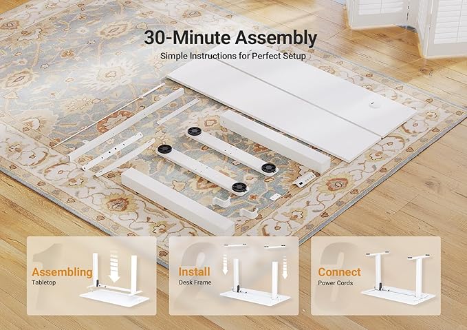 Seang Electric Standing Desk Adjustable Height, 55 x 24 Inch Sit Stand Desk with T-Shaped Frame, 3 Memory Presets & Cable Management for Home Office Computer Workstation, White Frame/White Top