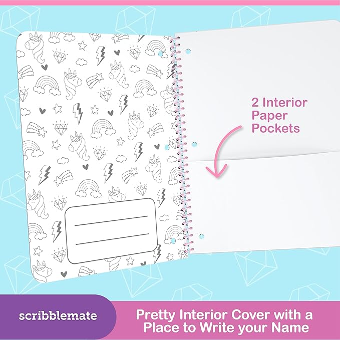 Wide Ruled Spiral Notebook, Adorable 1 Subject Notebooks for kids 100 Sheets/200 Pages, Perforated 3-Hole Punched Sheets with Interior Paper Pocket 8x10.5 Inch (6 Pack)