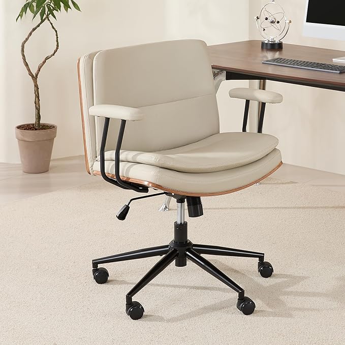 Criss Cross Chair with Armrests & Wheels, PU Leather Adjustable Swivel Walnut Task Chair with Wide Seat, Ergonomic Mid Back Computer Office Desk Chairs for Meeting Room, Home