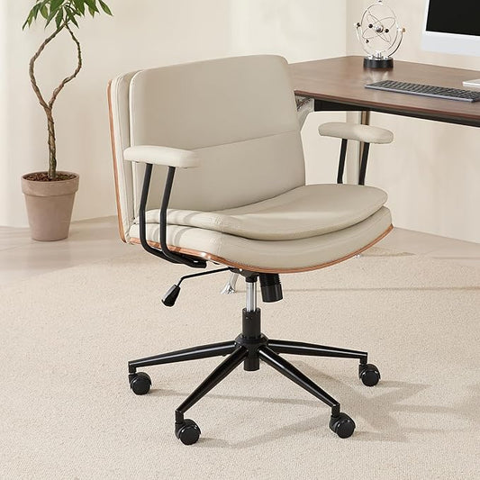 Criss Cross Chair with Armrests & Wheels, PU Leather Adjustable Swivel Walnut Task Chair with Wide Seat, Ergonomic Mid Back Computer Office Desk Chairs for Meeting Room, Home