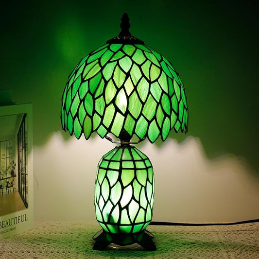 Small Tiffany Lamp Stained Glass Table Lamp Mini Mother Daughter Vase Desk Accent Night Light for Bedroom Bedside Reading Home Antique Style 8X14 Inches (Green Wisteria)