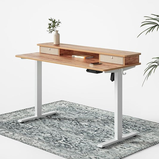 FEZIBO 48 x 24 Inch Whole-Piece Height Adjustable Standing Desk with Double Drawers, Sit Stand Desk, Home Office Stand Up Table with 4 Height-Adjustable Feets & 2 Hooks, Light Rustic Top