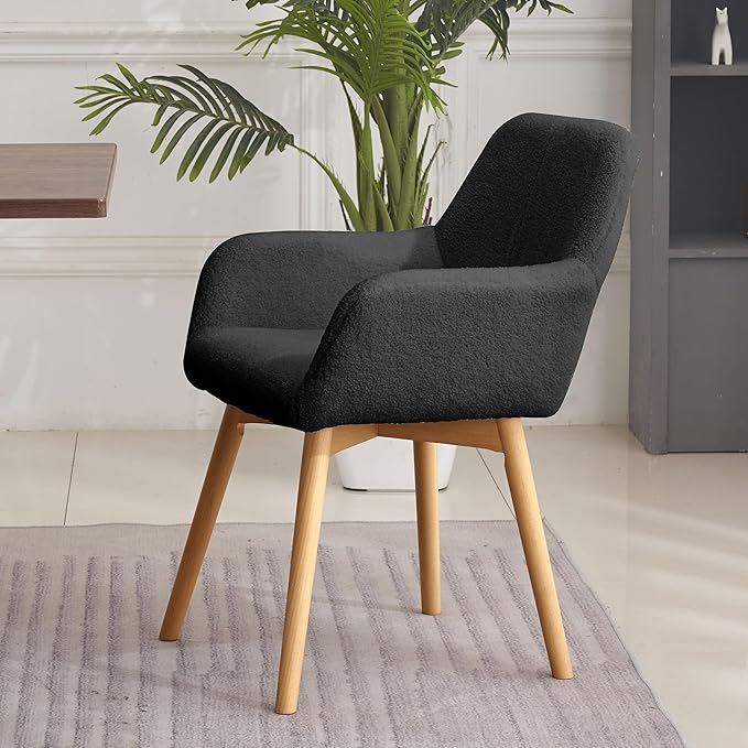 Desk Chair No Wheels Vanity Chair Comfy Accent Chair for Living Dining Room Bedroom Home Office Mid Century Modern Upholstered Armchair Sofa Chair (Wool Black, 1)
