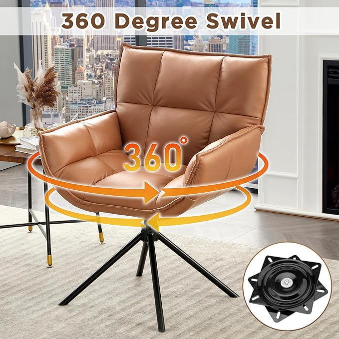 Desk Chair No Wheels, 360° Swivel Mid Century Modern Desk Chairs, Upholstered Faux Leather Swivel Accent Chair with Arms, Criss Cross Office Chair Without Wheels(Brown, x2)