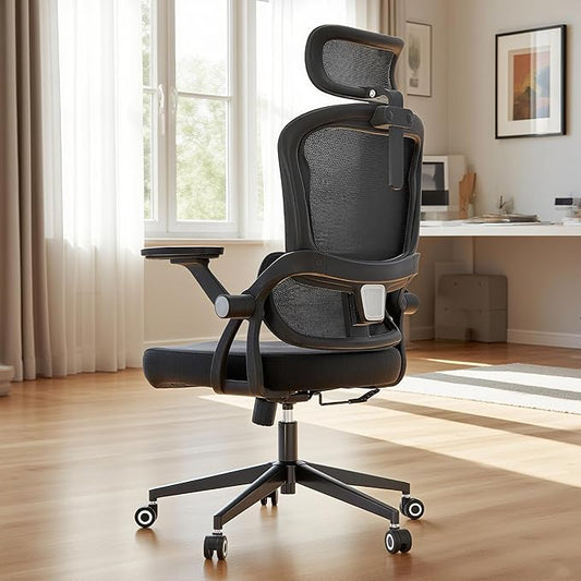 Office Chair Ergonomic Desk Chair with Lumbar Support&Headrest&Flip-up Arms Height Adjustable Rocking Swivel High Back Computer Chair Warm Taupe Mesh Study Chair (05Black)