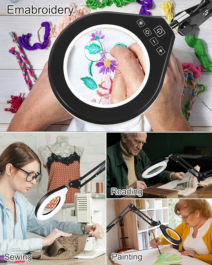Lighted Magnifying Glass, 10X & 5X Magnifying Glass with Light, Dimmable Magnifier with Lamp, Adjustable 10 Level Brightness and 5 Color Desktop Clamp Magnifiers for Craft Painting Workbench (White)