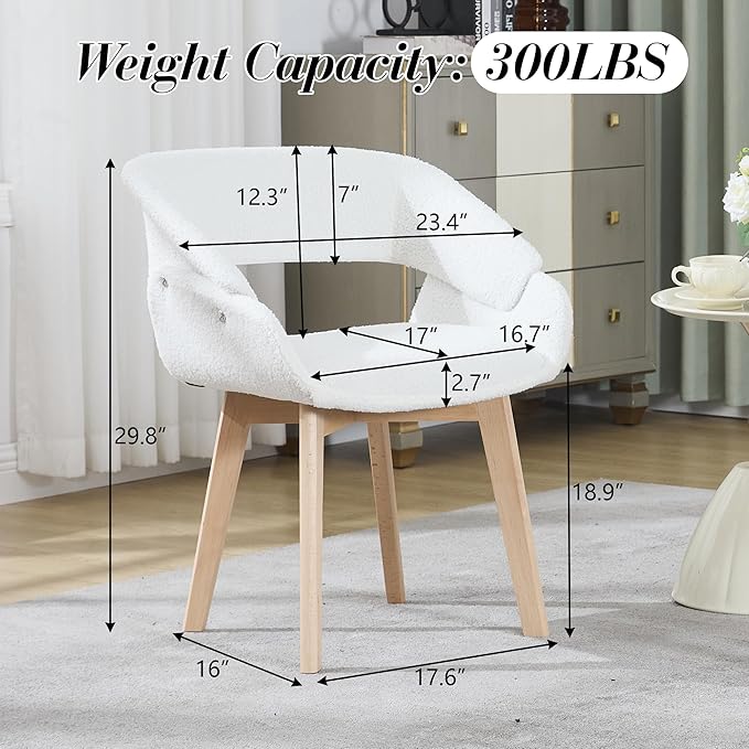 Home Office Desk Chair No Wheels Set of 6, Upholstered Boucle Modern Accent Side Armchair with Wood Legs Hollow-Out Back, for Vanity Living Dining Room Bedroom, Beige