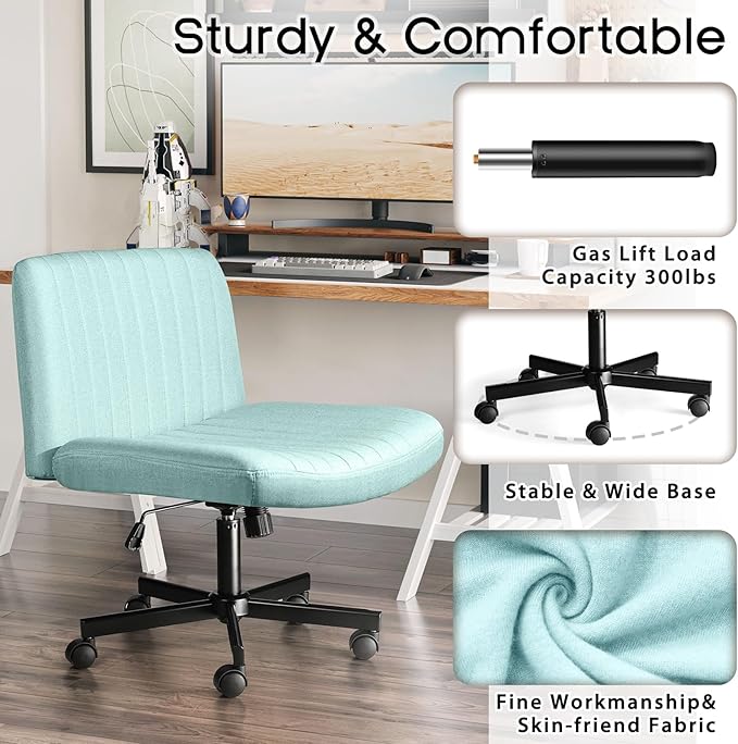 PUKAMI Criss Cross Chair with Wheels,Fabric Padded Armless Cross Legged Office Desk Chair for Home Office,Modern Swivel Height Adjustable Wide Seat Computer Task Vanity Chair(Mint Green)