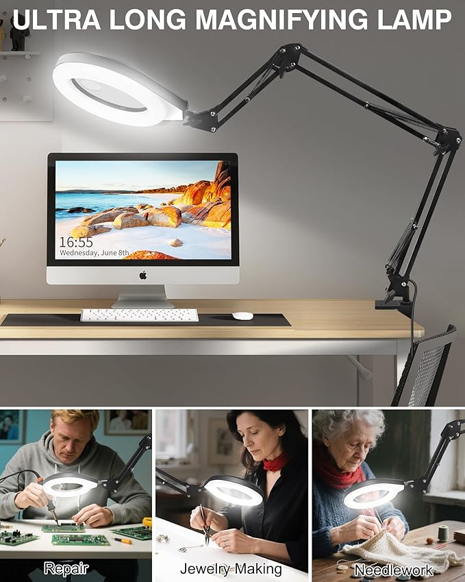 10X & 5X Magnifying Glass with Light, Ultra Long Swing Arm, 5 Colors & 10 Brightness, Real Glass Lens Large Magnifying Lamp for Craft Painting Workbench Jewelry Making Hobby Close Work (Orange)