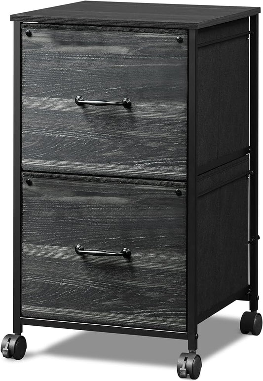 DEVAISE 2 Drawer Mobile File Cabinet, Rolling Printer Stand, Fabric Vertical Filing Cabinet fits A4 or Letter Size for Home Office, Charcoal Black Wood Grain Print