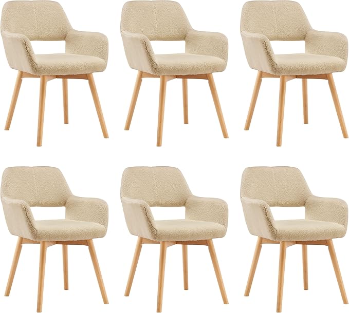 Mid Century Modern Dining Chairs Set of 6 & 4 & 2 Comfy Accent Chair Upholstered Kitchen Dining Living Room Chairs for Bedrooms Waiting Room Home Arm Desk Chair No Wheels (Wool Light Khaki, 6)