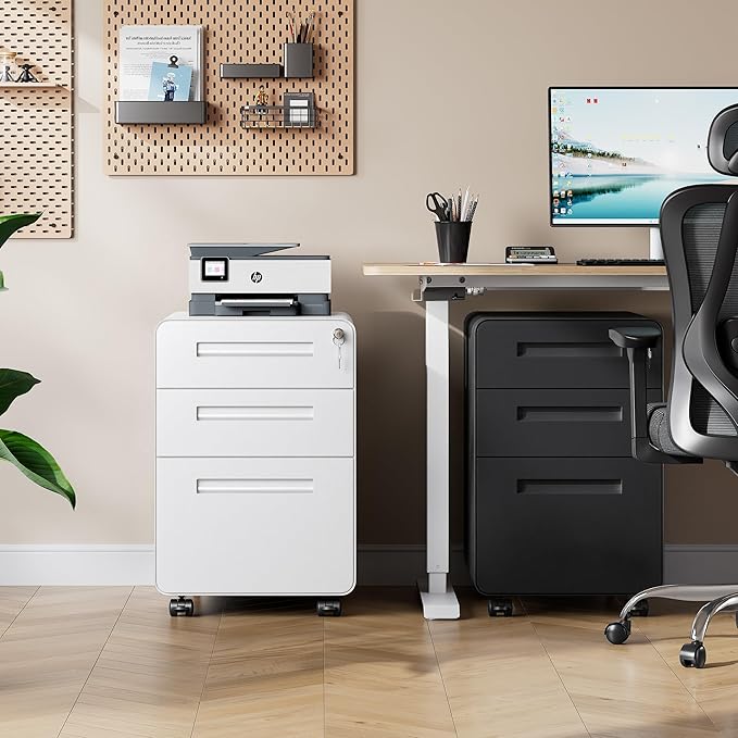 DEVAISE 3-Drawer Metal File Cabinet with Lock, Mobile Filing Cabinet Under Desk for Home Office, Fully Assembled Printer Stand fits Letter/Legal Size, 20" D x 15.8" W x 25" H, White
