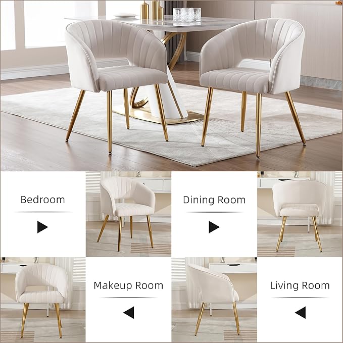 ABET Desk Chair with No Wheels, Velvet Home Office Armchair Gold Legs, Upholstered Modern Accent Chairs, Side Chair for Living Room Bedroom Vanity, Off-White Cream