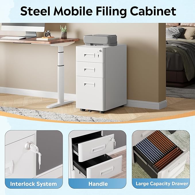 DEVAISE 3-Drawer File Cabinet, White Locking File Cabinet on Wheels, Fully Assembled Mobile Filing Cabinet for Office, 17.7" D x 11.8" W x 22.8" H