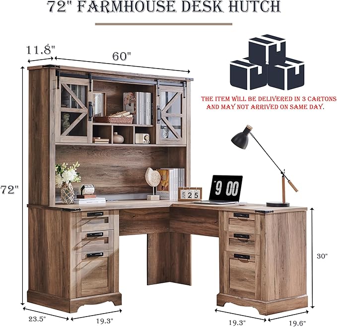 RedLemon 60" Farmhouse L Shaped Desk with Hutch, Wood Home Office Executive Desk with Drawer, Charging Station, File Drawer, Storage Cabinet, Rustic Writing Computer Desk (Rustic Natural Oak)