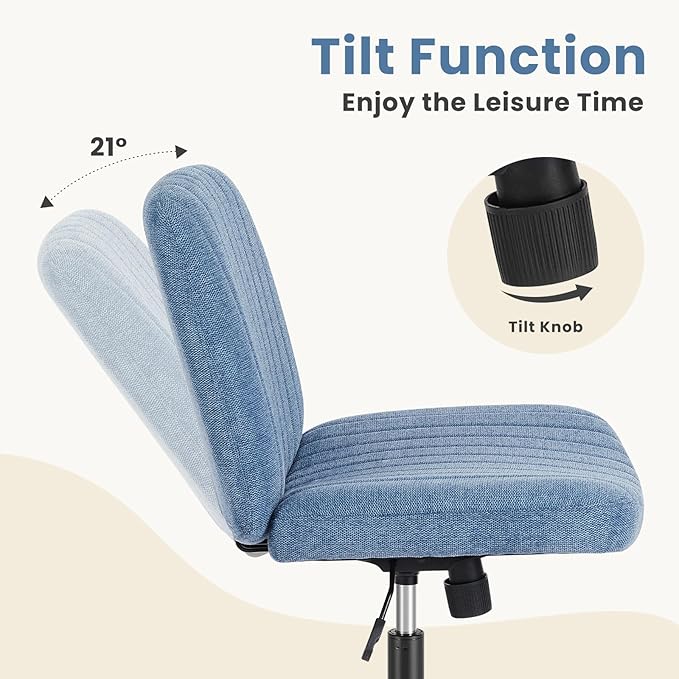 DUMOS Criss Cross Legged Chair Wide Comfy Home Office Desk Seat, No Wheels Armless Computer Task Seating, Swivel Vanity Chair Height Adjustable for Makeup Bedroom, Fabric Blue