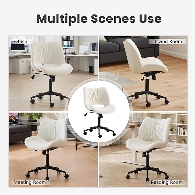 Rowill Armless Office Desk Chair, Ergonomic PU Leather Modern Task Chair with Back Adjustable Height, 360° Swivel Vanity Chairs with Wheels for Small Space, Home Office, Bedroom, White