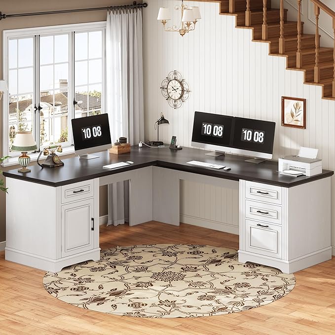 SEDETA Farmhouse 69" Executive L Shaped Desk, Home Office Desk with Drawers and Storage Cabinet & Power Outlet, Corner Computer Desk, White