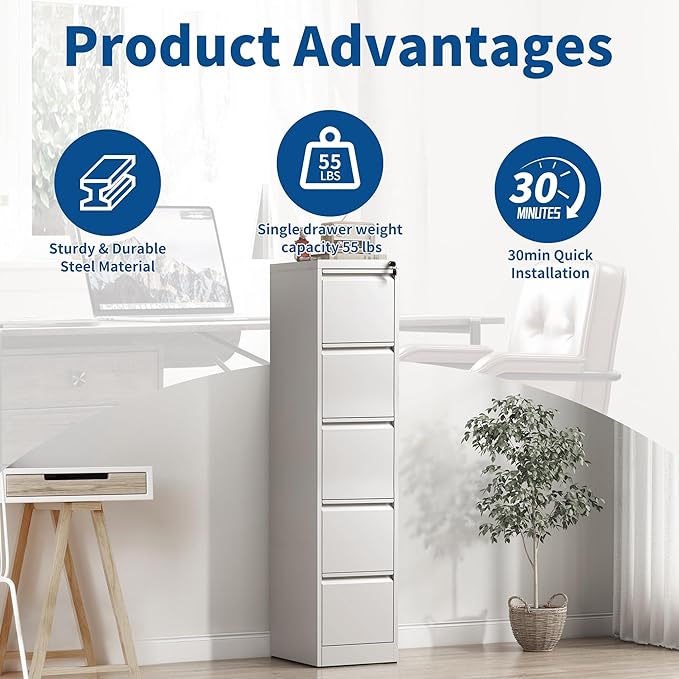 5-Drawer Locking Vertical File Cabinet, Metal Storage Cabinet for Office/Home – Secure Vertical Filing for Letter/Legal/A4/F4 Documents, Easy to Assemble Steel Cabinet (White, 5 Drawer-64 H)