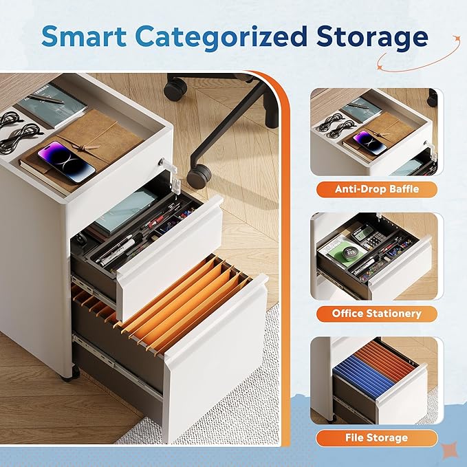 DEVAISE 2 Drawer Mobile File Cabinet, White Filing Cabinet with Lock, Under Desk Metal Filing Cabinets for Home Office, 17.7" D x 15.4" W x 25" H