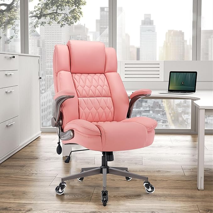 Large High Back Office Chair - Adjustable Lumbar Support Flip Up Arms Heavy Duty Quiet Wheels Metal Base Breathable Bonded Leather Ergonomic Executive Computer Desk Chair with Storage Bags, Pink